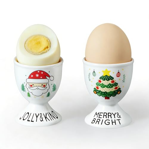 Image of Cinf Christmas Ceramic Egg Cups, Set of 2, Boiled Egg Holders for Breakfast | Set of 2 ceramic egg cups, festive Christmas design, easy to clean, ideal for boiled eggs, breakfast and table