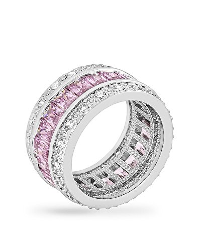Rhodium Plated Fashion Ring Centered with Pink Cubic Zirconia Baguettes and Round Cut Clear CZ