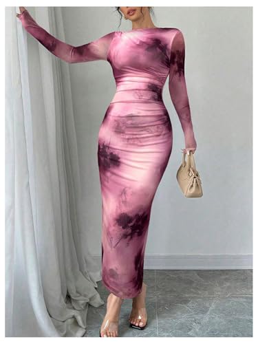 Image of Milumia Women's Tie Dye Boat Neck Long Sleeve Fall Dress Ruched Bodycon Maxi Slimming Dresses Cocktail Party