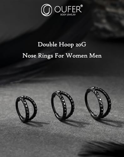 OUFER Black Nose Rings Hoops, Halloween 316L Surgical Steel 20G Double Hoop Nose Rings for Women, Hinged Segment Clicker Helix Cartilage Conch Rook Tragus Daith Piercing Jewelry-6/7/8MM2