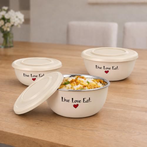 Image of Microwave Safe Stainless Steel Mixing Bowl Set with Lids - Set of 3 (500ml, 750ml, 1250ml) - Euro Style Food Storage Containers - (Classic LLE)