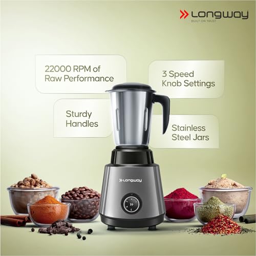Image of Longway Super Pro Mixer Grinder | 500 Watt Powerful Motor | 3 Jars for Grinding, Mixing, Juicing | 2 Years Warranty (Silver & Black)