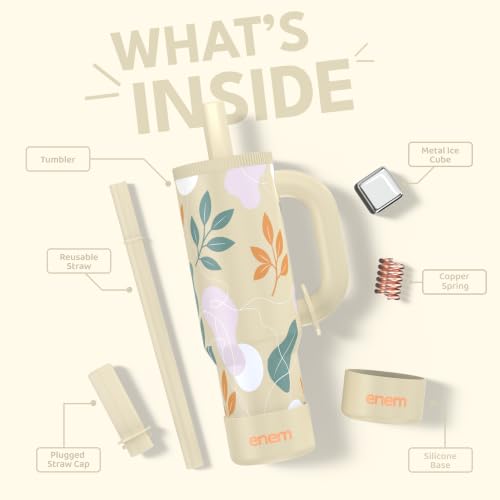 Image of enem Desert Leaf Plugged Straw Tumbler with Handle, Stainless Steel Large Travel Mug Water Cup, Mug Travel with 1 Metal Ice Cube, 1 Copper Spring (Tamba) & Base Protector, 1.2L
