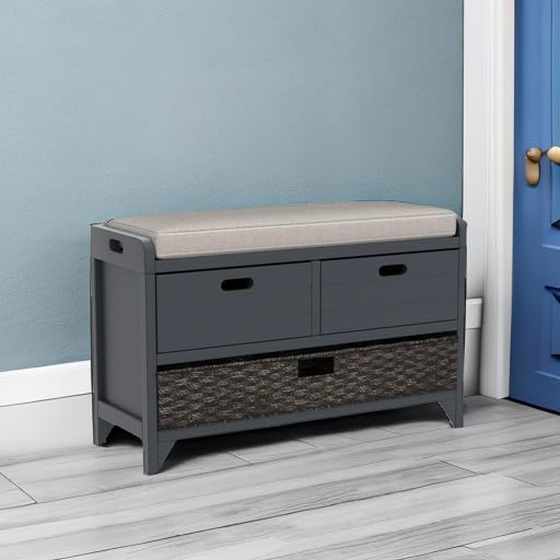SOFTSEA-Storage-Bench-for-Entryway-Upholstered-Storage-Ottoman-with-Removable-Basket-and-2-Drawers-Farmhouse-Shoe-Bench-with-Seat-Cushion-for-Entryway-Living-Room-Full-Assembled-Navy SOFTSEA Storage Bench for Entryway Upholstered Storage Ottoman with Removable Basket and 2 Drawers Farmhouse Shoe Bench with Seat Cushion for Entryway Living Room Full Assembled Navy