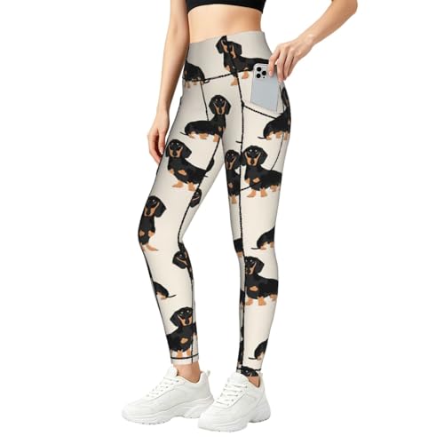Leggings de gimnasio con bolsillos y estampado de perro salchicha para mujer de cintura alta