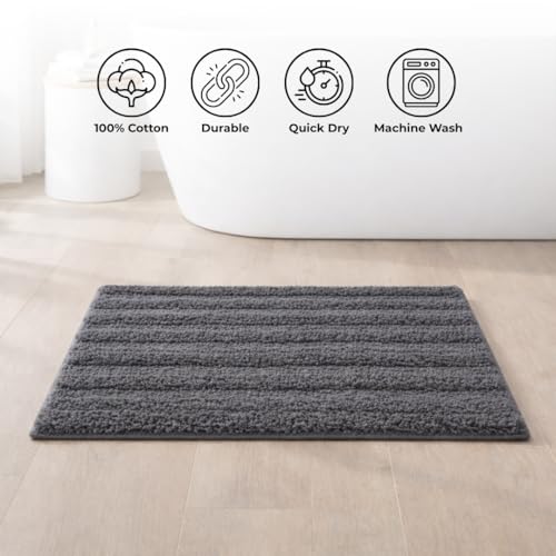Image of Premium Combed Cotton Tufted Bathmat 50 x 80 cm, 1800 GSM Soft Absorbent Anti Skid Bathroom Floor Mat with Latex Backing, Quick Dry Non Slip Bath Rug for Shower & Daily Use, Stripes Grey