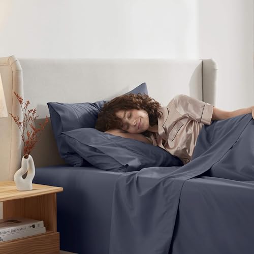 Image of Nestl Twin Bed Sheet Set - Navy Blue - 3-Piece Deep Pocket | Instantly Soft, Night-One Ready (No Wash Required). Fits 16-Inch Deep Pockets, 360-Degree Elastic Grip