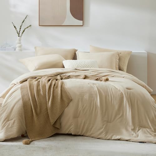 Image of King Size Comforter Set- 7 Pieces Prewashed Bed in a Bag King Bedding Sets | Soft All Season Comforter with Sheets, Pillow Shams & Pillowcases, Beige