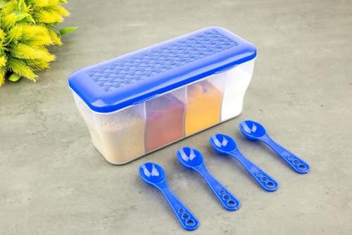 Image of TASTIC Multipurpose Plastic 4 in 1 Masala Box for Kitchen | Spice Boxes for Kitchen | Transparent 4 Compartment Storage Containers Airtight | Dabba with 4 Spoons | (BLUE, STANDARD)
