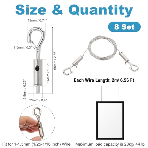 Image of PATIKIL 8 Pcs Adjustable Picture Hanging Wire Kit, 2m /6.6ft Fit for 1.5mm Wire Heavy Duty Stainless Steel Wire Rope Hanger Hardware for Hanging Mirrors, Frames, Lamps, Billboards
