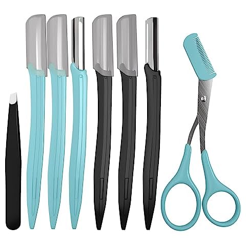 Nylea 8pc Eyebrow Scissors & Dermaplaning Face Shaver Kit - Professional Precision Tools for Smooth Skin, Facial Hair Remover - Includes Tweezer for Flawless Grooming Cover