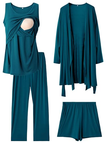 Image of Rnxrbb 4 PCS Nursing Pajamas Robe Set Postpartum Pajama Gown Breastfeeding Pj for Hospital Labor Delivery