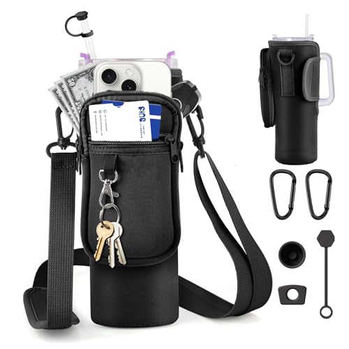 WuGU Bolsa de transporte para Stanley Cup 40oz, Accesorios para Stanley Cup, Bolsa para Stanley Cup | Stanley Quencher Accesorios, con bolsillo para teléfono móvil, Tapas de Pajita de Silicona (Negro)