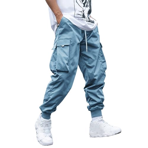 WZIKAI Men's Casual Cargo Pants Elastic Waist Drawstring Tapered Pants Athletic Techwear Joggers Pants with Flap Pockets Light Blue S