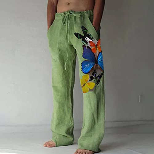 Linen Boyfriend Expandable Waist Leggings Male Comfort Hike Slacks Straight Leg Split Below The Knee Patterned Spring Easy Slacks Men #TOP1