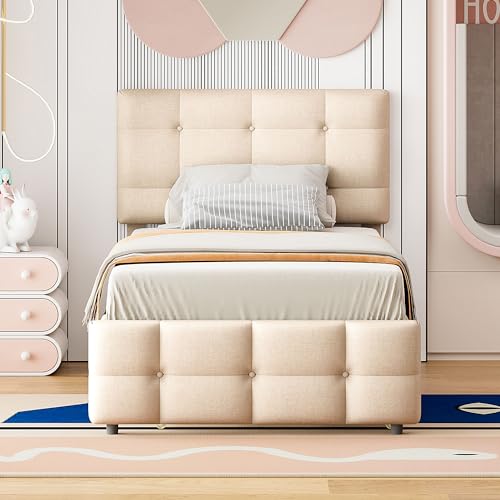 MSMOK Cama tapizada de 90 x 200 cm, cama nido extraíble, cabecero ajustable, acolchado de lino agradable al tacto, cama individual plana, cama para niños, cama juvenil, cama de invitados (beige)