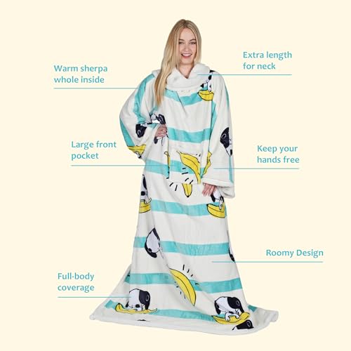 Image of Catalonia Sherpa Wearable Blanket with Sleeves Arms, Comfy Sleeved TV Wrap Blanket, Large Snuggly Throw for Women and Men, Gift for Her, Banana Dog