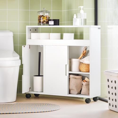 SoBuy Badezimmerschrank auf Rollen Schmaler Schrank mit 2 Schiebetüren & offener Ablage Badmöbel Kommode für Bad, WC, kleine Räume 70x71x20cm Weiß BZR02-W