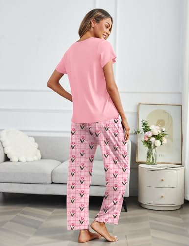 Image of Ekouaer 2 Pack Pajamas for Women Set Short Sleeve Pj Top and Printed Pants | Soft PJs Cozy Printed Lounge Sets Comfy Sleepwear with Pockets