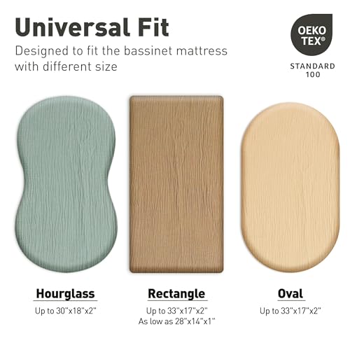Image of Muslin Bassinet Fitted Sheets 2 Pack, Soft Breathable Cotton Baby Bassinet Mattress Sheet Set, 360 Elastic Snug Fit, Universal for Oval, Rectangle (Cute Rainbow, Bassinet Sheets 2 Pack)