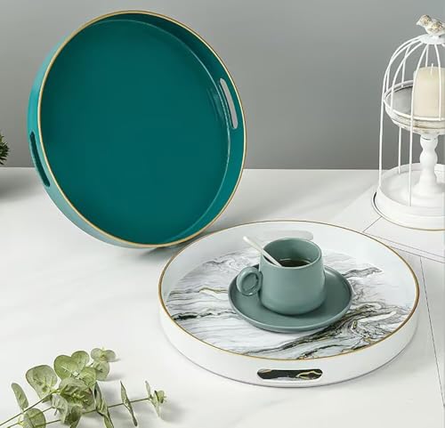 Plateau de service rond vert moderne avec poignées pour table basse - 6
