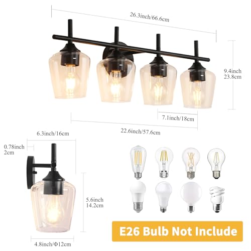 Image of foucasal 4-Light Bathroom Light Fixtures, Matte Black Vanity Lights with Clear Glass Shades, Modern Wall Lights for Mirror Kitchen Living Room Hallway Cabinet Porch