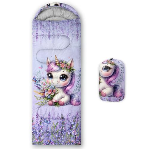 HOSIMA Cartoon Unicorn Sleeping Bag for Toddler Kids Girls,Purple Flower Butterfly Camping Sleeping Bag, Waterproof Ultralight Girls Hiking Sleeping Bag Suitable for All Seasons.