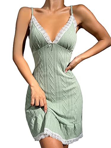 Makemechic Women's Slip Nightgown Contrast Lace Ruffle Hem Knitted Cami Night Dress Sleepwear Mint Green M #TOP10