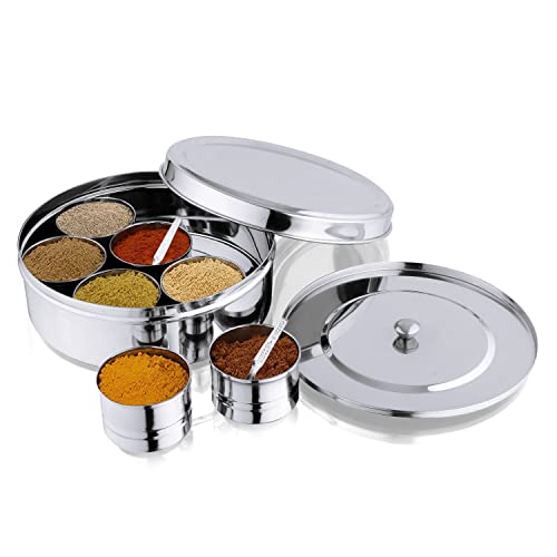 Image of LIMETRO STEEL Stainless Steel Spice Box with Mirror Lid (1 Container, 7 Bowls, 1 Spoons)