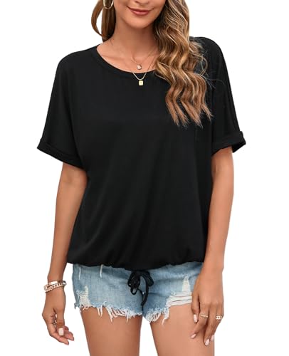 ENMAIN Womens Casual Crewneck T-Shirts Rolled Short Sleeve Basic Tee Shirts Elastic Hem Summer Tops