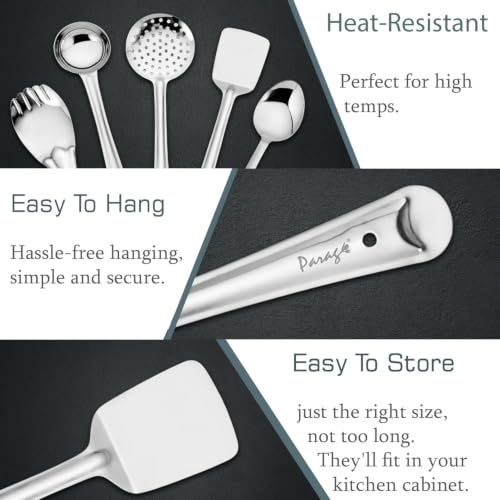 Image of Stainless Steel Kitchen Tools Set (5 Pieces) | Ladle, Skimmer, Turner Spatula, Basting Spoon & Rice Spoon for Cooking