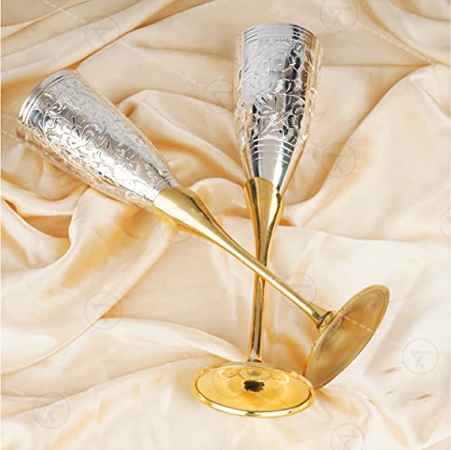The Antiq: Brass Champagne Glasses, Silver Plated Toasting Flutes, Wine Glasses Goblets For Wedding Christmas, Hand Engraved Brass Goblet Set Of 2 (Silver Polished) #TOP1