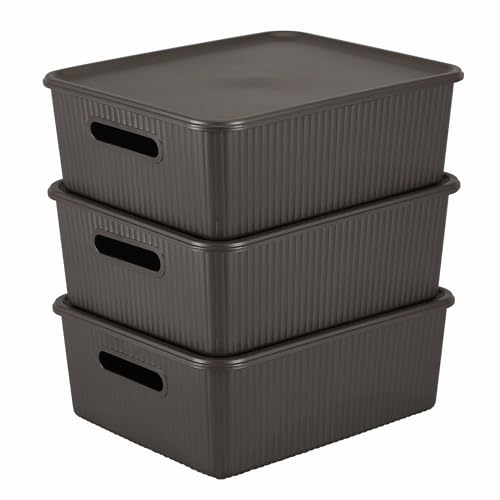 Image of Kolorr Ribbed Baskets Medium Pack of 3 With 3 Standard Lid (Non-Airtight Loose-Fit Cover) Multipurpose Plastic Storage Baskets For Cloths Wardrobe Home Kitchen & Livingroom I Dark Brown