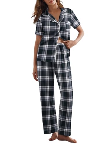 Ekouaer Womens Pajamas Set Plaid PJs Soft Button Down Sleepwear Short Sleeve Nightwear with Long Pants