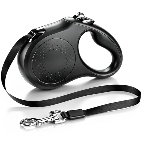 Retractable Dog Leash, 16 FT Strong Nylon Tape for Small and Medium Dogs up to 55 lbs, 360° Tangle-Free Design, One-Hand 3-Mode Brake & Lock, Ergonomic Non-Slip Handle, Black