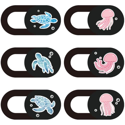 PRESSINART 6Pcs 6 Styles Abstract Ocean Camera Cover 0.04 Inch Privacy Guard Accessories, Computer Camera Cover Cute Sea Turtle Jellyfish Pattern for Desktop Loptop Tablet Notebook Mini PC Office Use