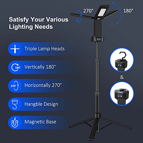 Rechargeable LED Work Light with Stand, Aluminum 67" Portable Cordless Work Light, 8AH Battery, 500/1500/2500 Lumen, 4000/6500K Dimmable Camping Light with Detachable Tripod (Carrying Bag Included)