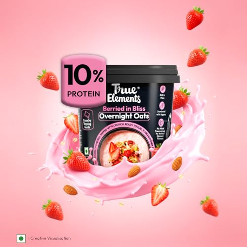 Image of True Elements Overnight Oats Berried in Bliss 186 g (Pack of 3 * 62 g) - Ready-to-Eat Breakfast | High Protein, Fibre & Berry Flavour | Healthy Instant Oats Snack