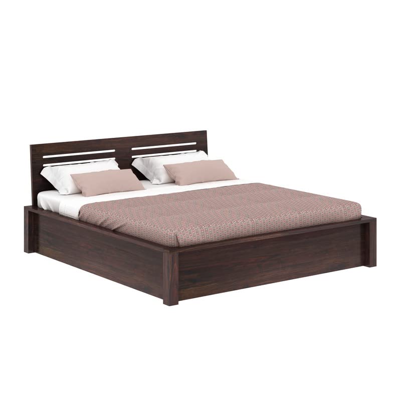 Image of Solid Wood Queen Size Bed for Bedroom | Wooden Furniture Crafted from Premium Sheesham Wood | Elegant Bedroom Double Bed with Box Storage | Walnut Finish (83.5x65x35 Inches)