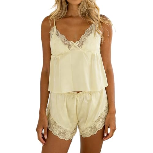 Image of ROAONOCOMO Women Lace Trim Pj Shorts Set Square Neck Coquette Tank Top Silk Satin Pajama Set Babydoll 2 Piece Shorts Outfit
