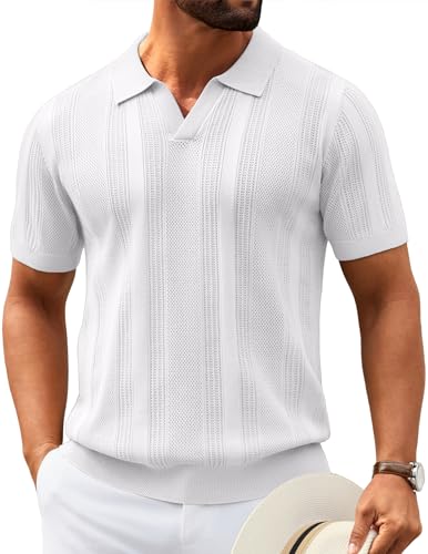 Image of COOFANDY Mens Knit Polo Shirts V Neck Textured Polo Shirts Short Sleeve Breathable Polo Casual Collared T Shirt Fashion Tops