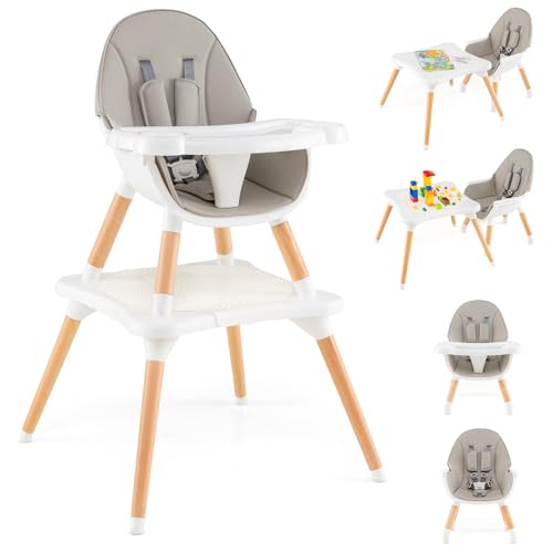 Image of HONEY JOY Baby High Chair, 6-in-1 Convertible Wooden Highchair for Babies and Toddlers/Table Set/Toddler Chair with Safety Harness, 4-Position Removable Feeding Tray (Gray)