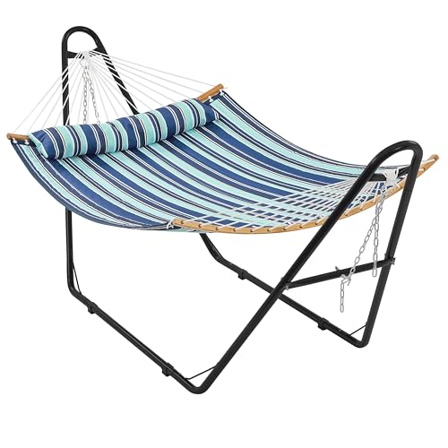 Yaheetech Hamaca con soporte, soporte de hamaca de acero resistente con hamaca para 2 a 3 personas al aire libre, porche, patio, terraza y patio trasero, capacidad máxima de peso de 215 kg, rayas