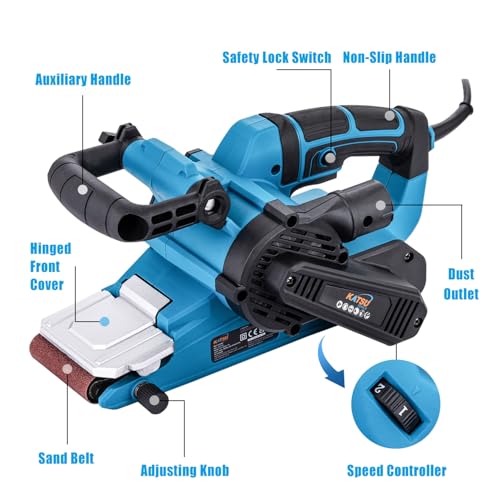Miniatura 6 de Katsu Lijadora De Banda 900w 76x533mm, 6 Velocidades, Mango Frontal Ajustable, Cambio De Banda Sin Herramientas, Bolsa Para Polvo Y Banda P80 Incluida