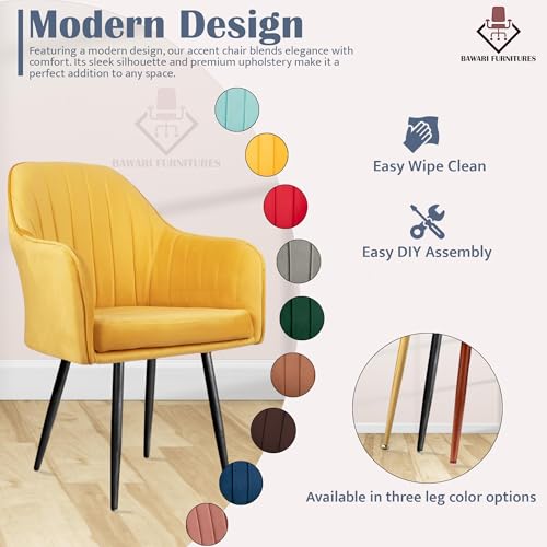 Image of Plush Dining Chair | Accent Chair for Living Room Bedroom Restuarant | Velvet Fabric & Thick Cushion Seat with Sturdy Glossy Metal Legs (Black Legs, Yellow)