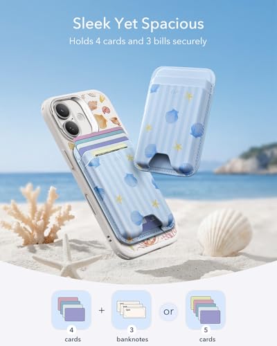 Image of ESR Aura for MagSafe Wallet for Women, RFID Blocking, MagSafe Sticker Included, 5 Cards Holder Magnetic Wallet for iPhone 17e /17 /16 /15 /14 /13 /12 & Select Samsung, Coastal Summer, Sky Blue