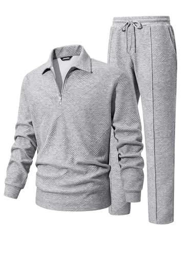 JMIERR Men's 2 Piece Outfits Quarter Zipper Polo Shirt Tracksuit, Grey, M