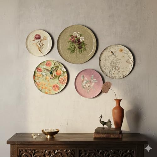 Image of Botanic Bliss Wall Plates Set of 5 - Decorative Metal Wall Art for Home Decor | Botanical & Floral Wall Plates for Living Room, Bedroom, Office | Elegant Wall Hanging Gift Item