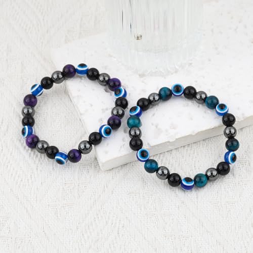 Image of Evil Eye Bracelet for Men Women - Triple Protection Bracelet - Tiger Eye and Black Obsidian Chakra Energy Healing Bracelet - 8mm Beads Good Luck Prosperity and Happiness Crystal Jewelry Stone