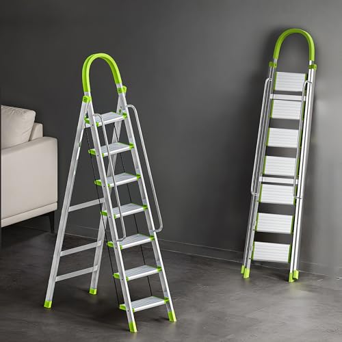 Image of BUILDSKILL Aluminium Ladder for Home 7 Steps | 36x16cm Wide Anti-Slip Aluminium Steps | Stainless Steel Body | Handrails | Load 150 Kg | Foldable Lightweight 8.15KG Ladder for Kitchen, Office & Home